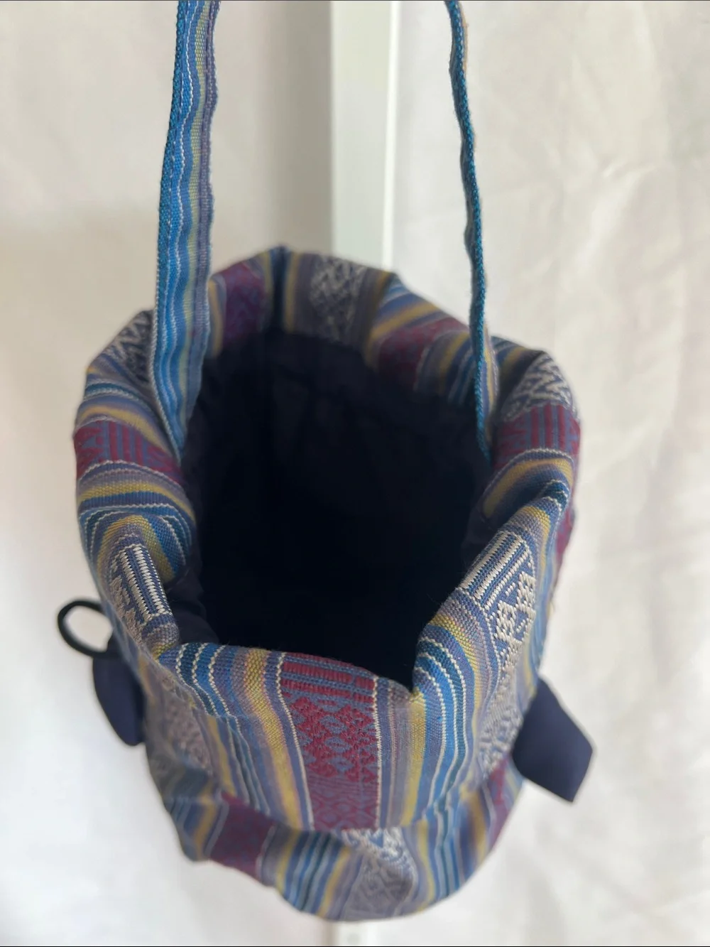 Woven Blue Multi-Stripe Drawstring Bag with Flap on Front & Back Silk Pullstring